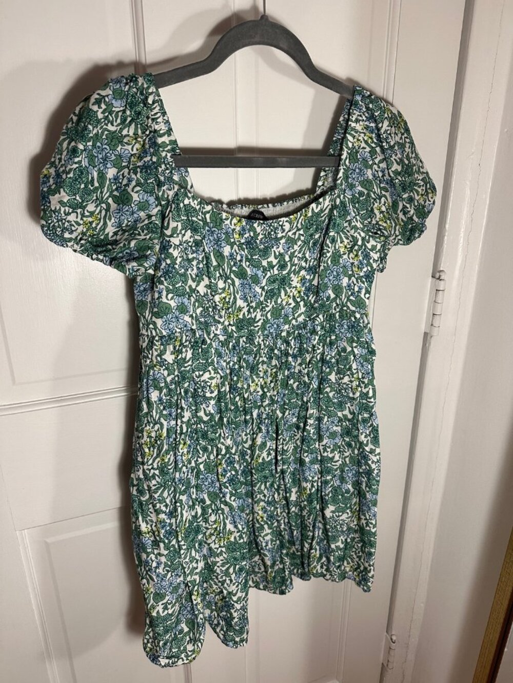 J.Crew Green Floral Smocked Puff-Sleeve Mini Dress, 2